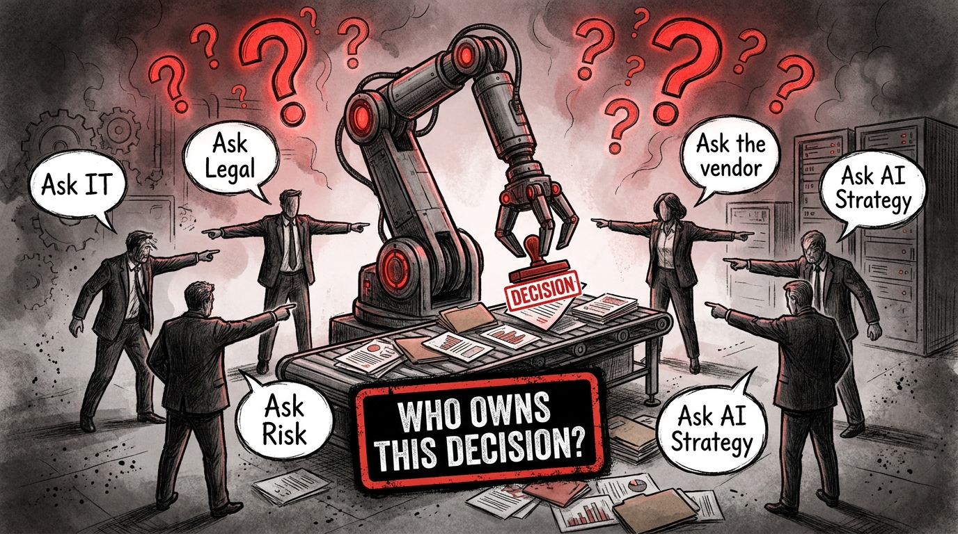 Editorial illustration of the AI accountability vacuum — enterprise figures pointing away from responsibility while an AI system makes decisions, with the central question: WHO OWNS THIS DECISION?