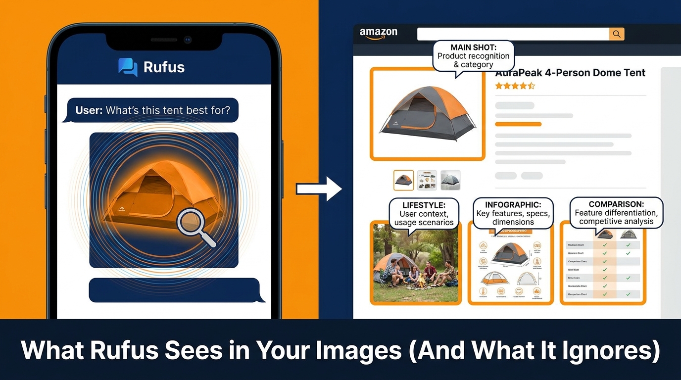 Split-screen showing Rufus AI analyzing Amazon product images on a smartphone with annotated listing image slots