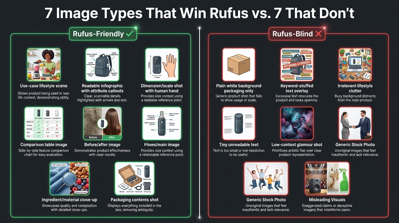 Comparison chart showing 7 Rufus-friendly image types vs 7 image types that hurt Rufus visibility