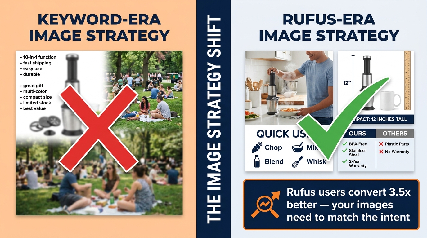 Split comparison of keyword-era vs Rufus-era image strategy showing the shift sellers need to make
