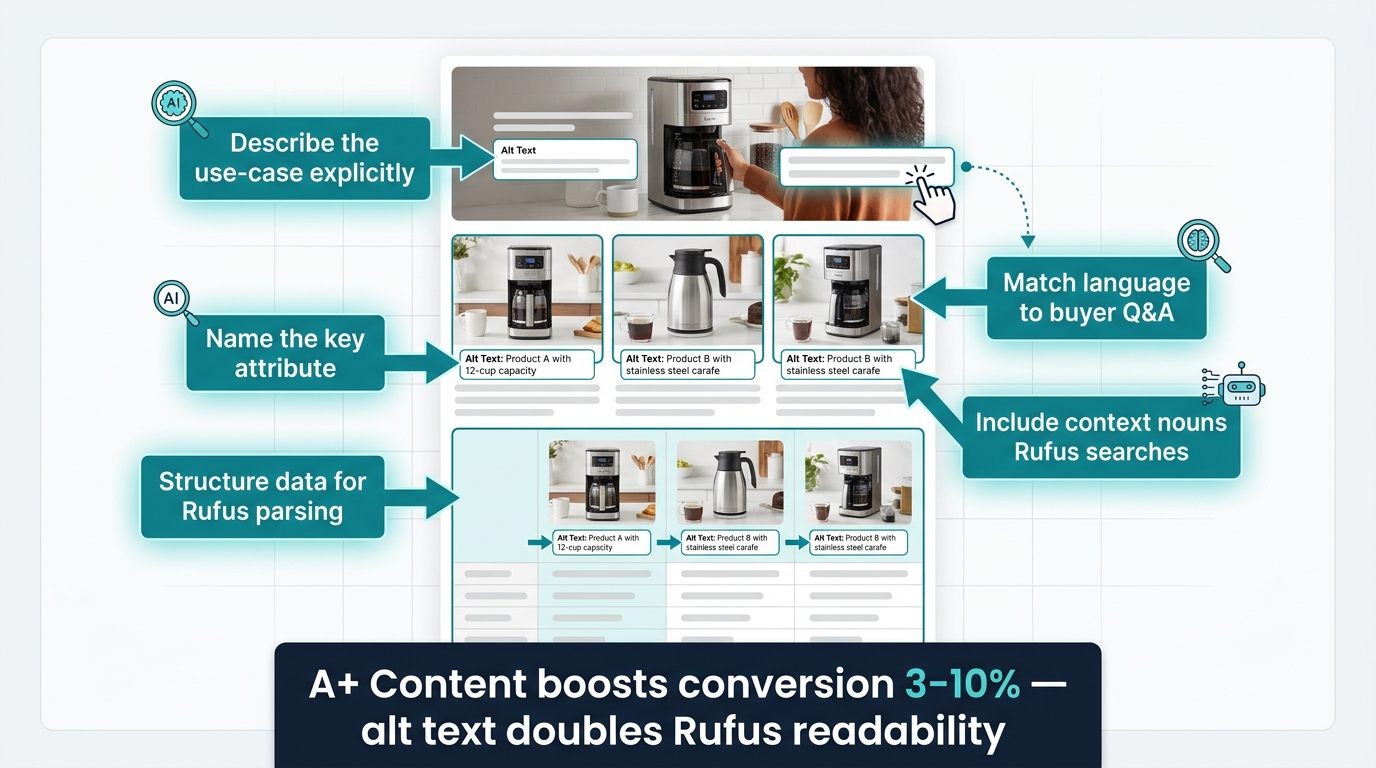 Amazon A+ Content module annotated with alt text optimization labels for Rufus AI readability