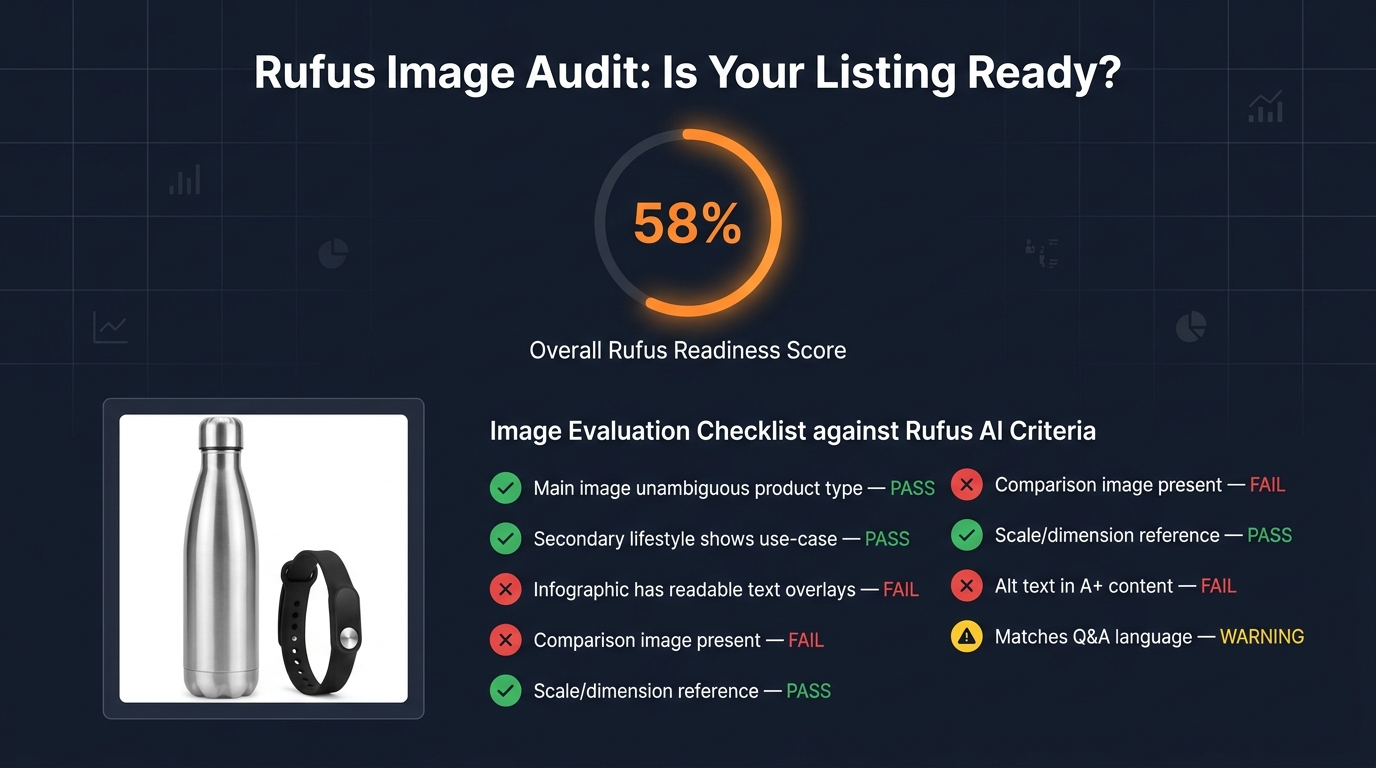 Rufus image audit dashboard showing a product listing's image readiness score with pass/fail checklist items