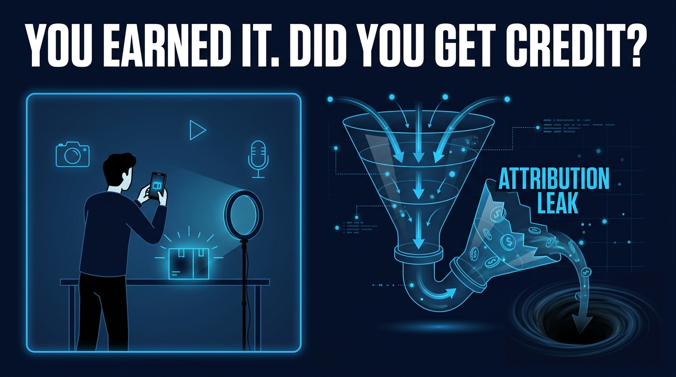 Creator attribution revenue leak infographic showing a creator filming content while revenue drains away through attribution failures