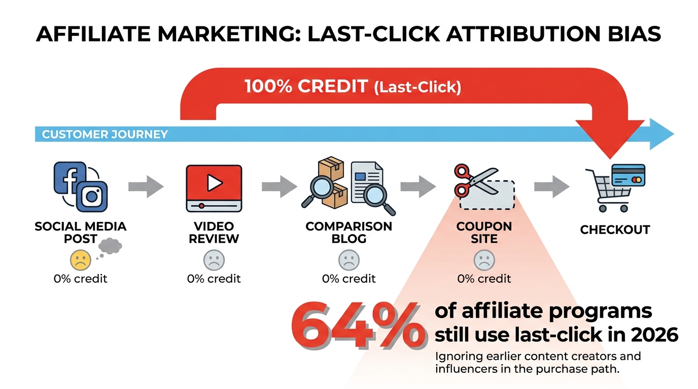 Infographic showing last-click attribution bias routing 100% of commission credit to a coupon site while creator touchpoints receive zero credit