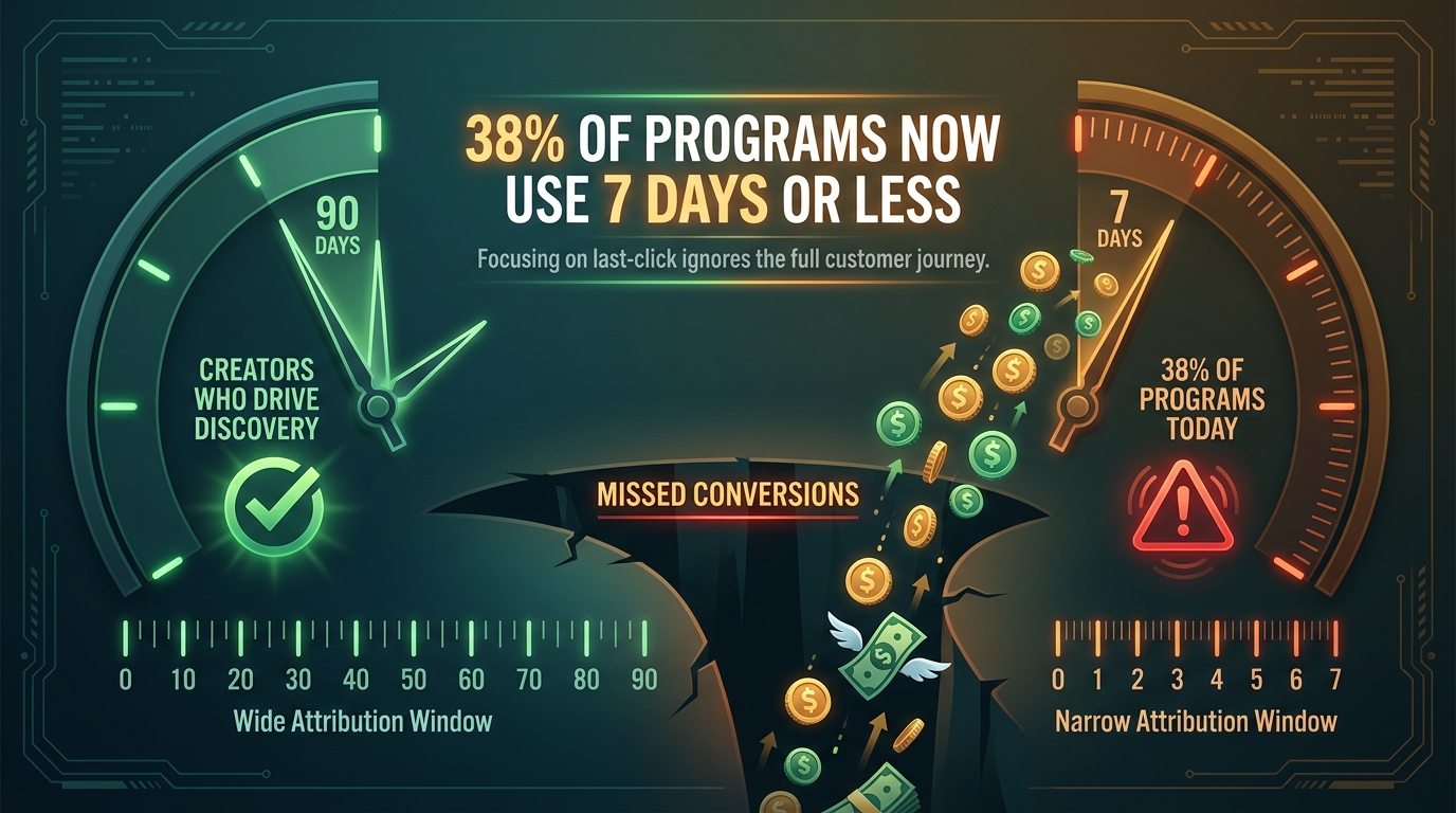 Comparison of attribution window lengths showing 90-day creator windows versus 7-day program windows and the missed conversions that fall in the gap