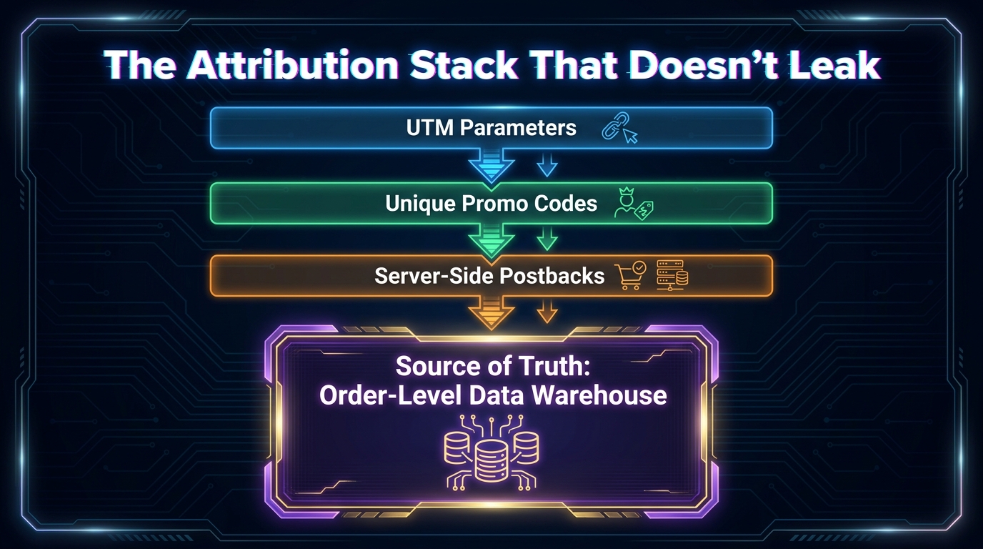 Three-layer stacked attribution system diagram showing UTM parameters, unique promo codes, and server-side postbacks feeding into a central data warehouse