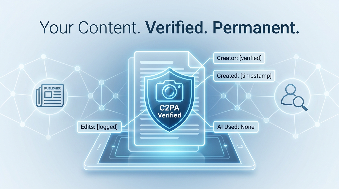 C2PA Content Credentials verified shield showing creator metadata including creator identity, timestamp, edit history, and AI involvement disclosure