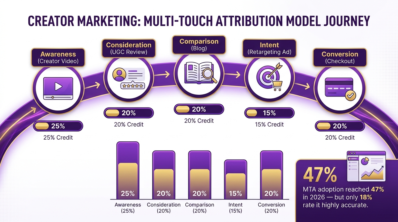 Multi-touch attribution model showing five customer journey touchpoints with percentage credit distribution across awareness, consideration, comparison, intent, and conversion stages