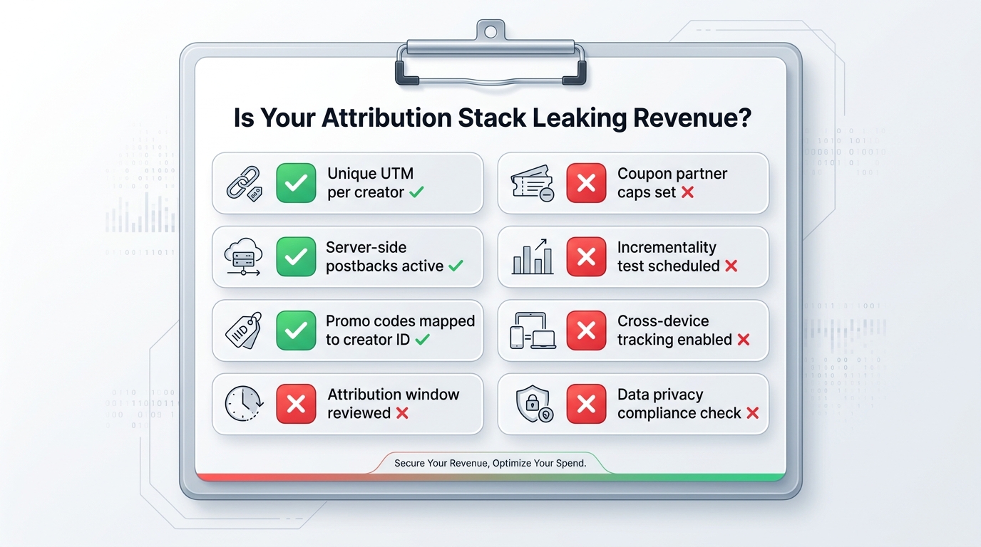 Creator attribution audit checklist showing checked and unchecked items including UTM configuration, server-side tracking, promo code mapping, attribution window review, and incrementality testing