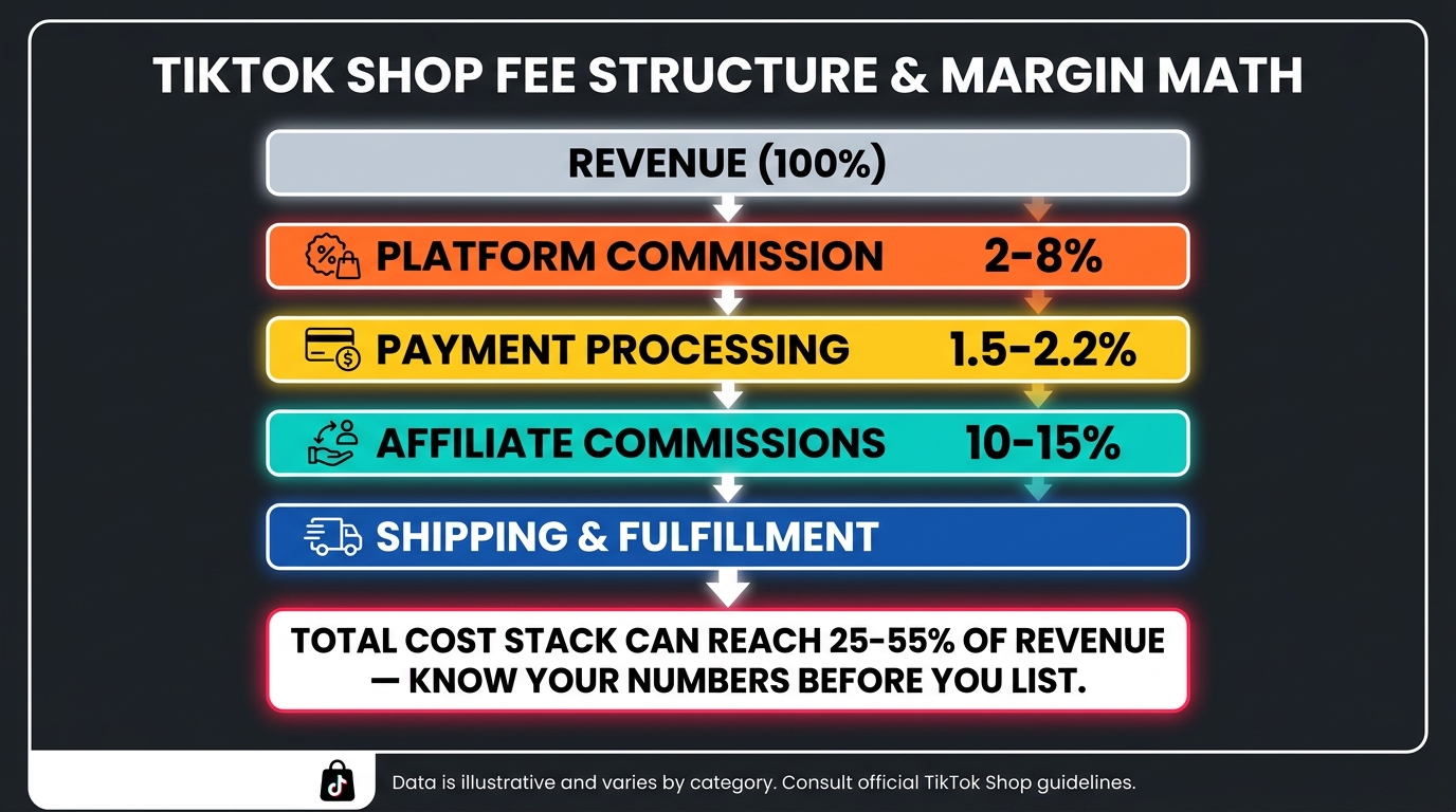 Cost stack infographic showing TikTok Shop seller fees: platform commission 2-8%, payment processing 1.5-2.2%, affiliate commissions 10-15%, shipping, with total costs potentially reaching 25-55% of revenue