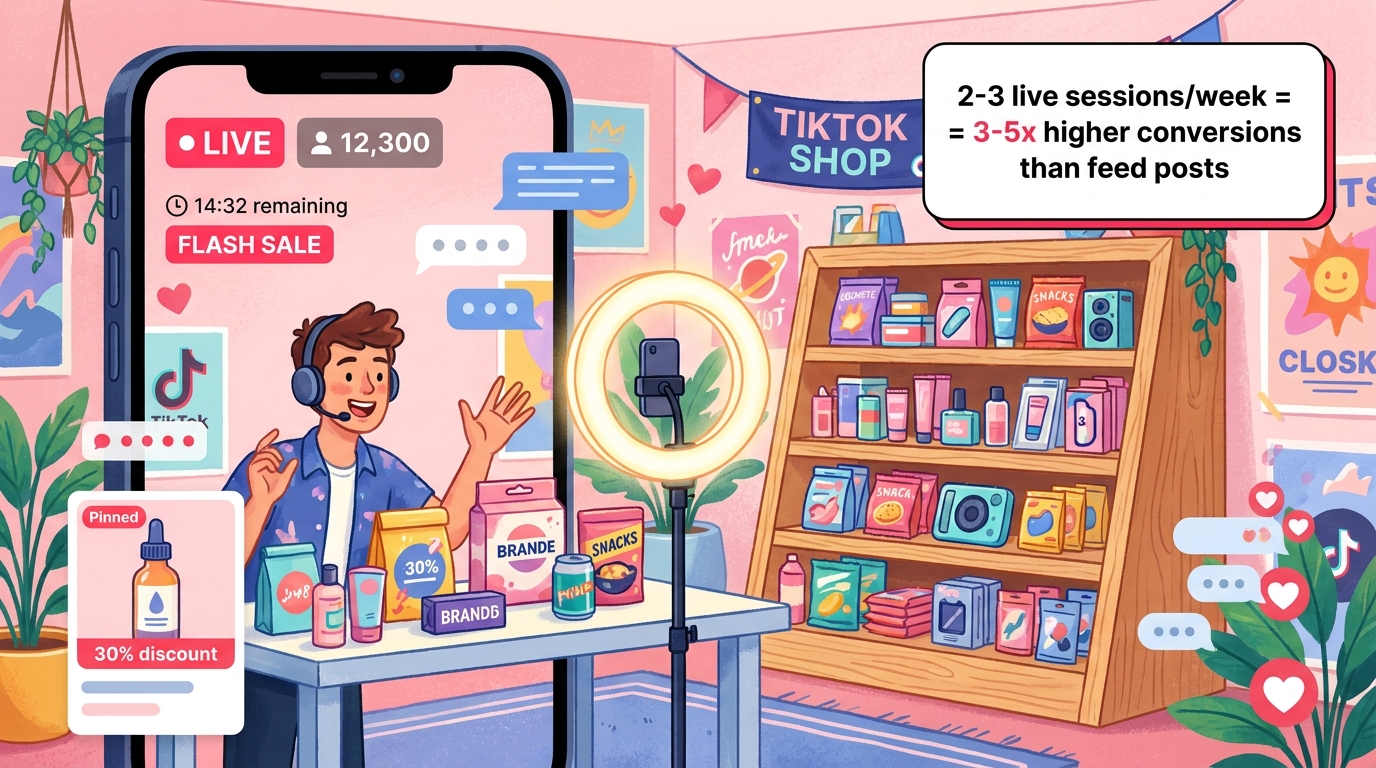 TikTok live shopping session setup showing a seller presenting products with ring light, 12,300 viewers, flash sale countdown timer, and pinned product card with discount