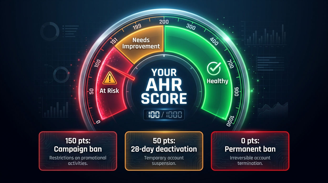 TikTok Shop Account Health Rating gauge showing three zones: red At Risk 1-150 points, orange Needs Improvement 151-199 points, green Healthy 200-1000 points with enforcement thresholds