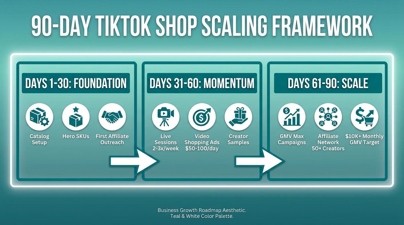 90-day TikTok Shop scaling framework timeline showing three phases: Days 1-30 Foundation with catalog setup and affiliates, Days 31-60 Momentum with live sessions and ads, Days 61-90 Scale with GMV Max and 50+ creator network