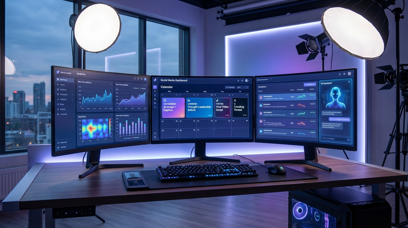 AI-powered social media content dashboard showing multi-platform content cards, analytics graphs, and a content calendar on multiple professional screens