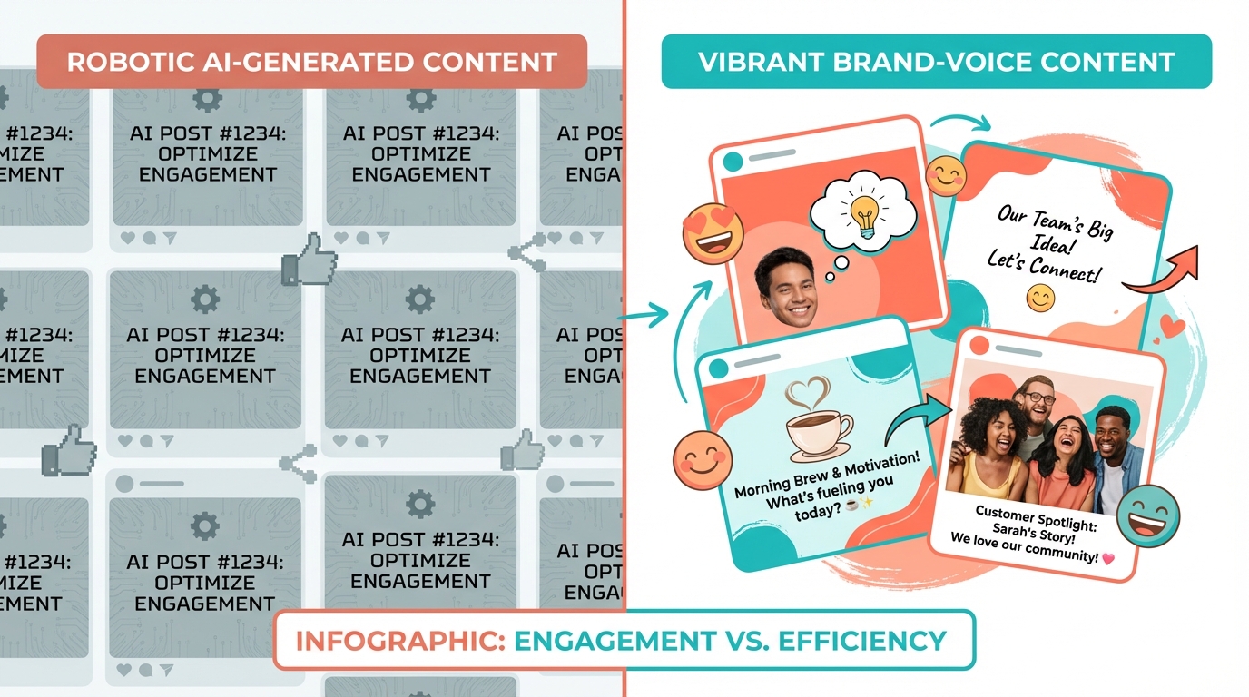 Split-screen comparison of generic grey AI-generated social media posts versus vibrant, personality-driven brand-voice posts showing the difference in quality and engagement appeal