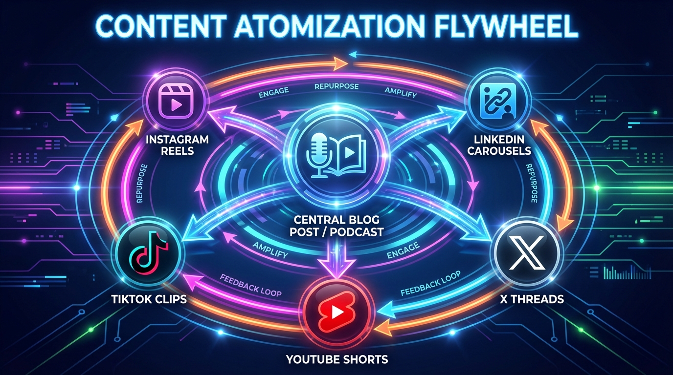Content atomization flywheel diagram showing one central pillar content asset with arrows radiating outward to Instagram Reels, LinkedIn carousels, TikTok clips, X threads, and YouTube Shorts connected by glowing orbital rings