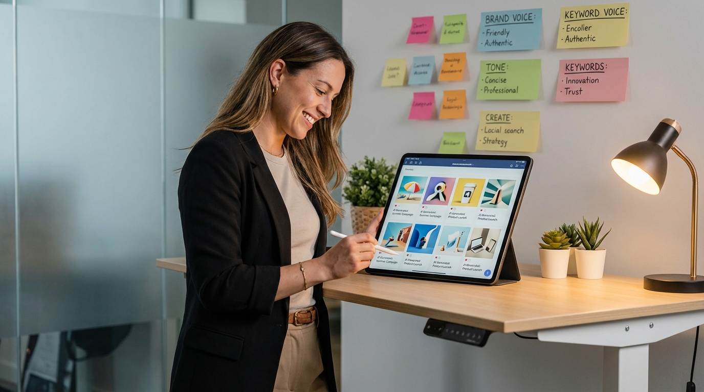 Female marketing professional reviewing AI-generated social media content drafts on a tablet at a modern standing desk with brand voice guidelines on sticky notes on the wall behind her
