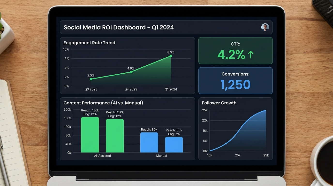 Dark-mode analytics dashboard showing social media ROI metrics with upward trending engagement graphs, AI versus manual content performance comparison bar charts, CTR percentages, and follower growth curves