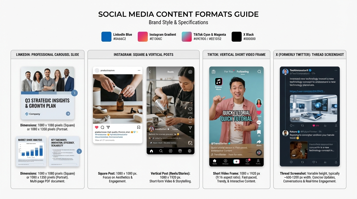 Side-by-side comparison of platform-specific content formats including LinkedIn carousel slides, Instagram posts, TikTok vertical video frames and X thread screenshots arranged as a professional brand style guide