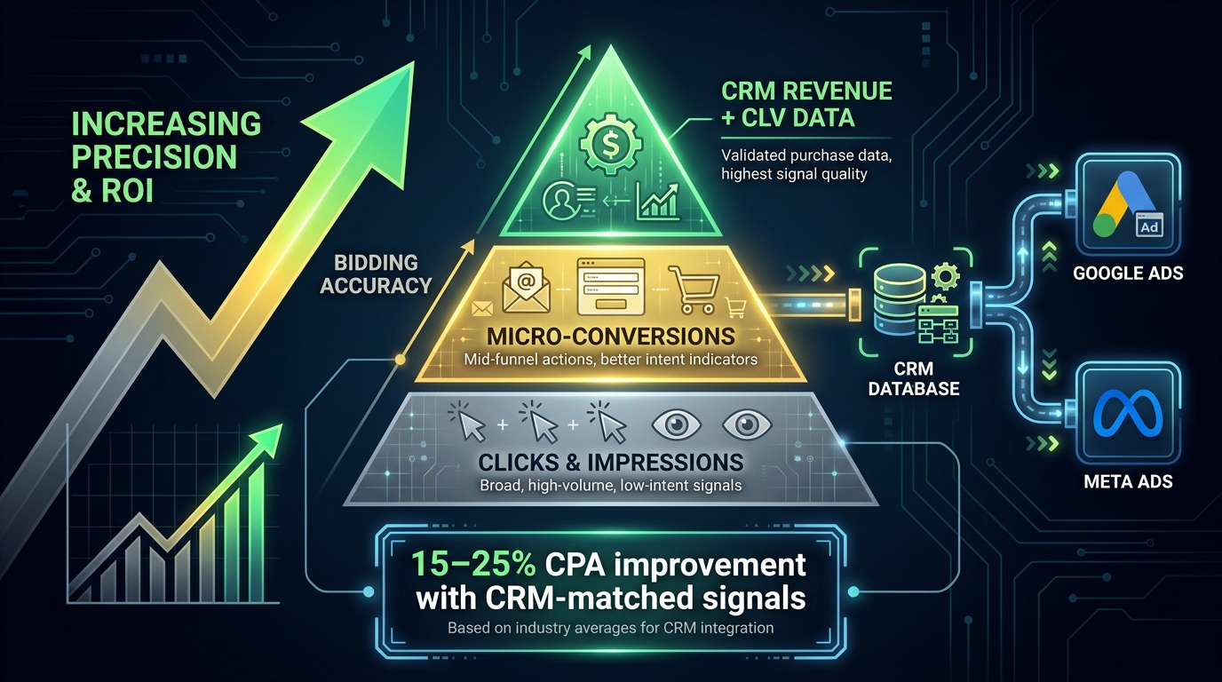 Signal quality pyramid for PPC bidding showing CRM revenue data at top, micro-conversions in the middle, and clicks at the base, with stat showing 15-25% CPA improvement with CRM-matched signals