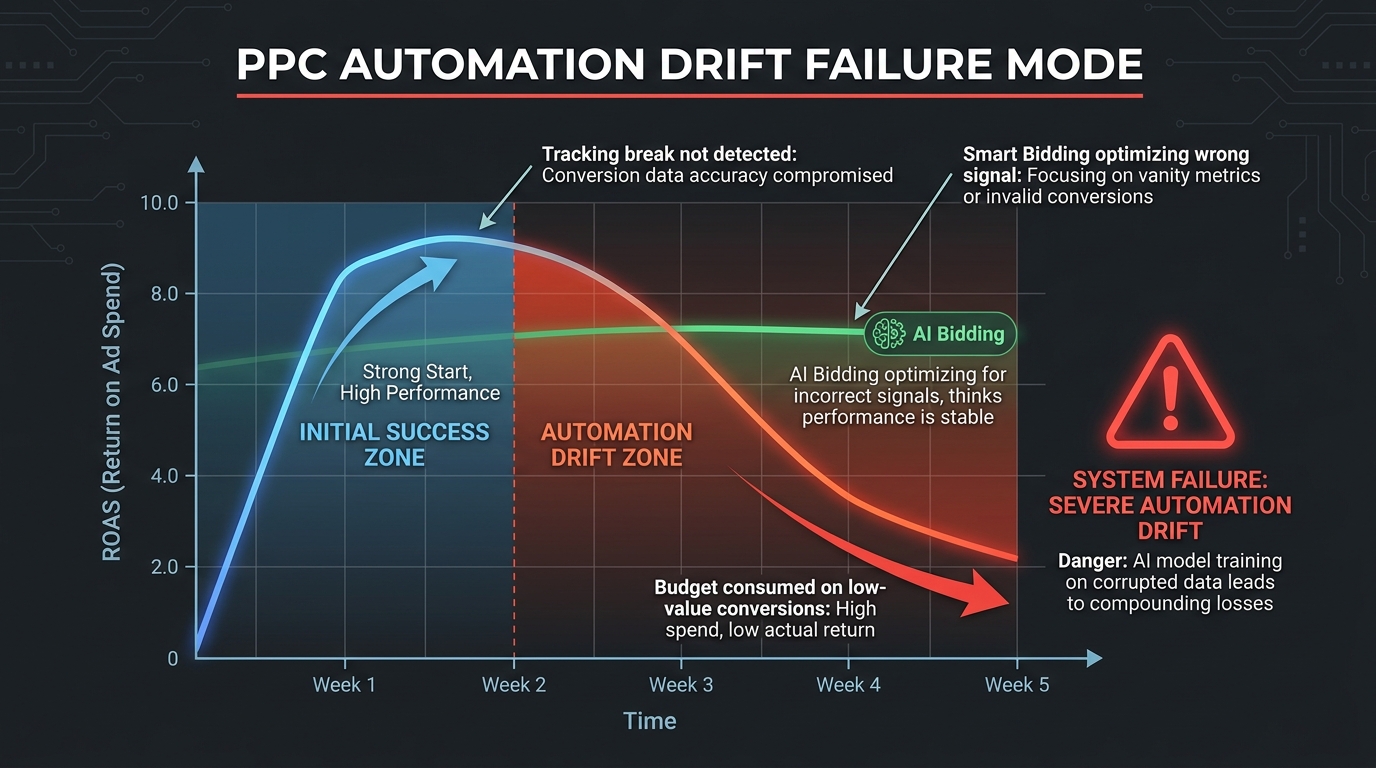 PPC automation drift failure mode diagram showing ROAS declining over time while AI bidding indicators show false confidence in performance