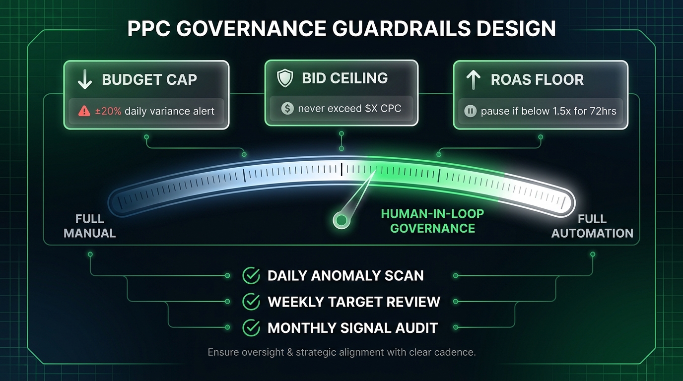PPC governance guardrails infographic showing the human-in-loop governance zone on an automation spectrum, with budget cap, bid ceiling, and ROAS floor rules