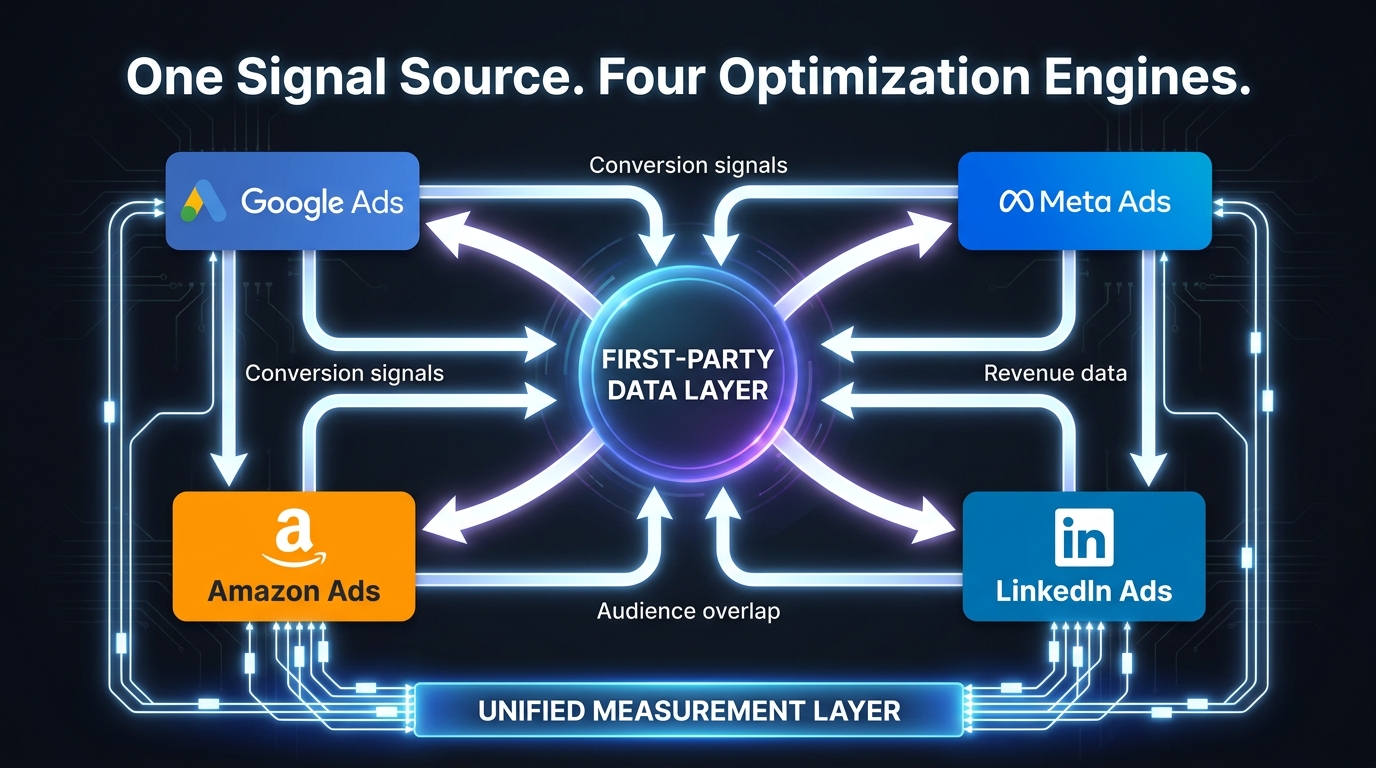 Cross-platform PPC loop architecture showing a central first-party data layer feeding Google Ads, Meta Ads, Amazon Ads, and LinkedIn Ads optimization engines