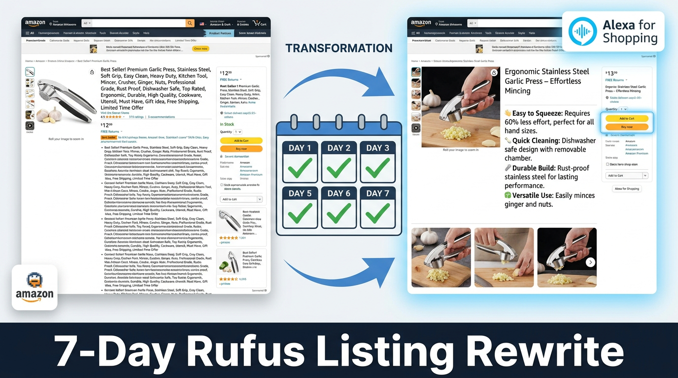 7-Day Rufus Listing Rewrite plan showing split-screen comparison of keyword-stuffed vs. AI-optimized Amazon listings