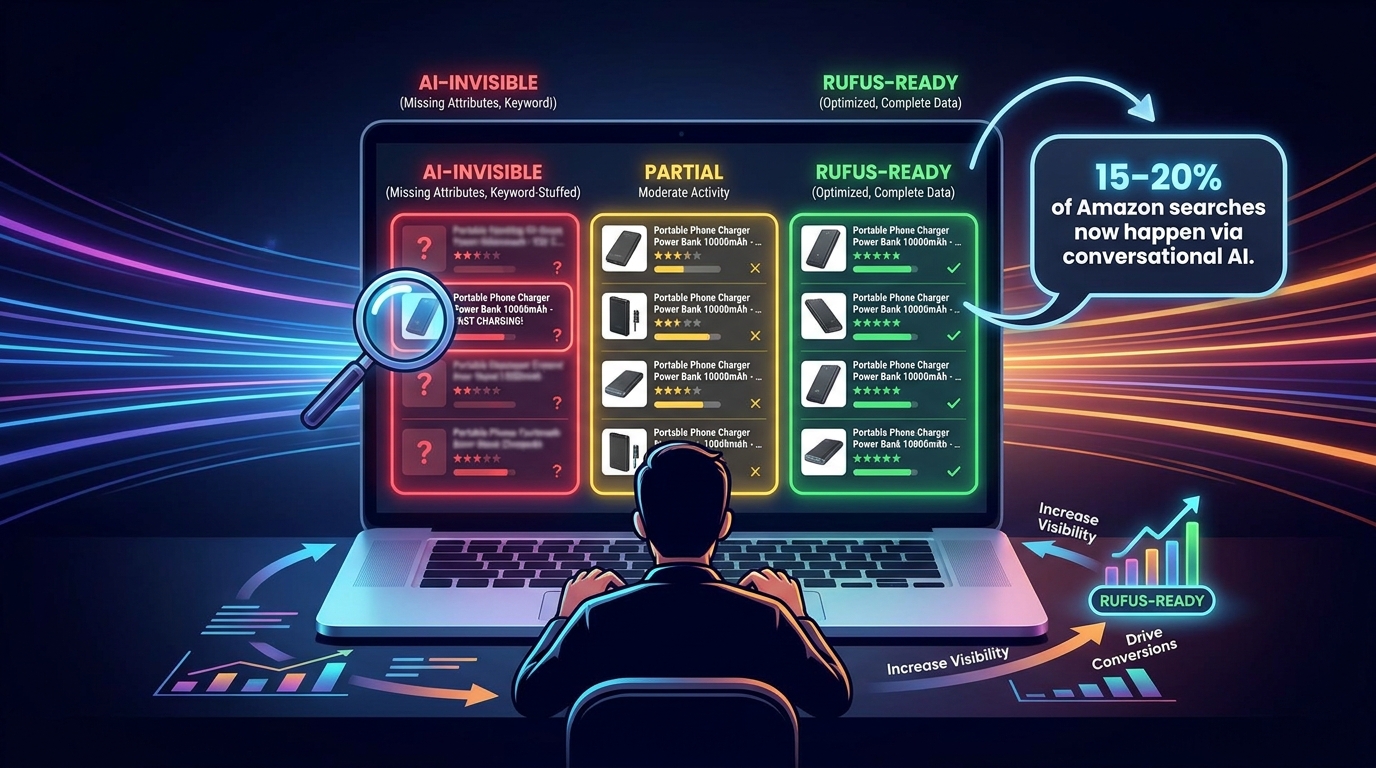 Amazon seller auditing listings dashboard showing red, yellow, and green AI-readiness ratings with 15-20% conversational search stat callout