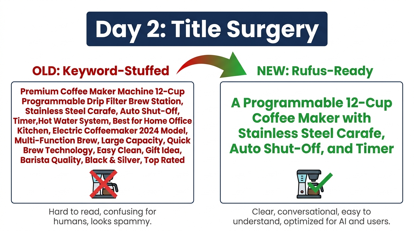 Side-by-side comparison of a keyword-stuffed Amazon title versus a Rufus-ready natural language title with clear use-case structure