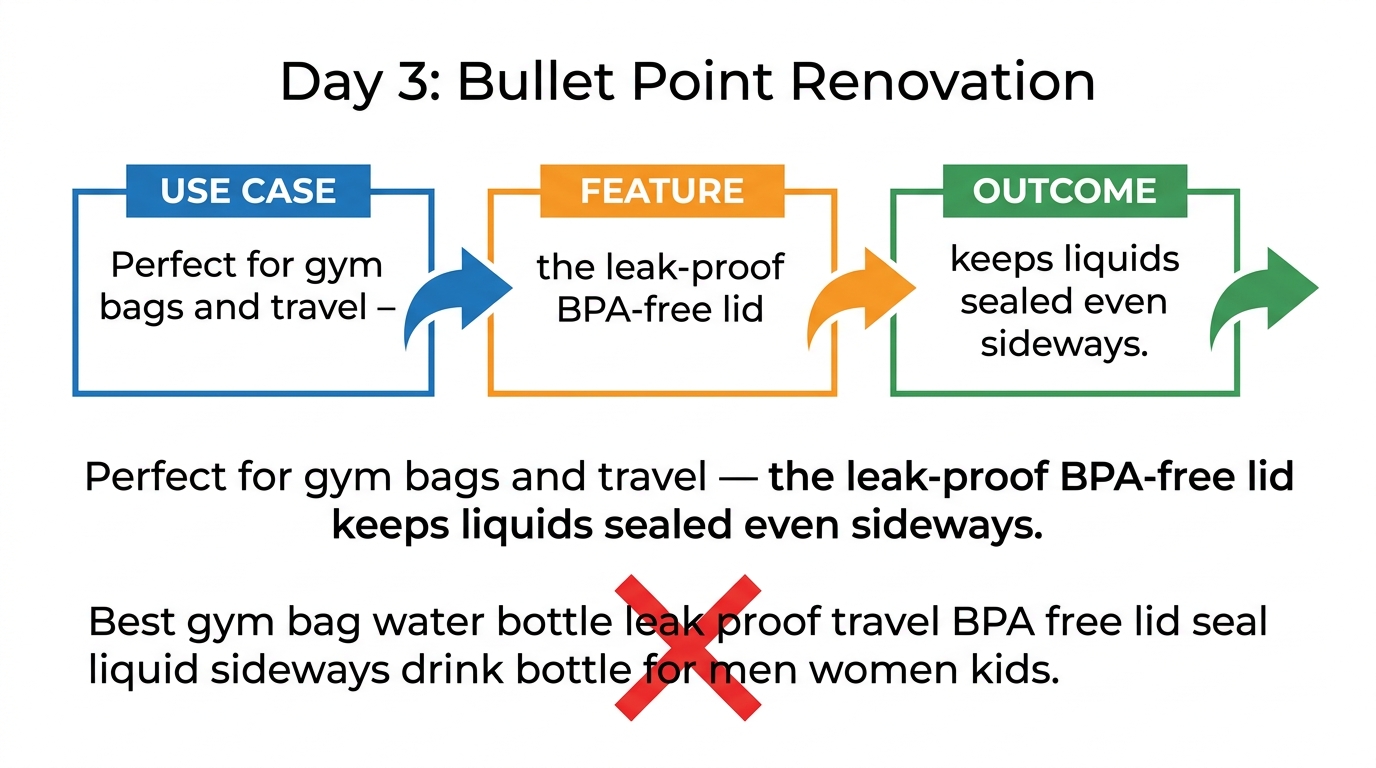 Diagram showing the anatomy of a Rufus-optimized Amazon bullet point with use case, feature, and outcome segments labeled
