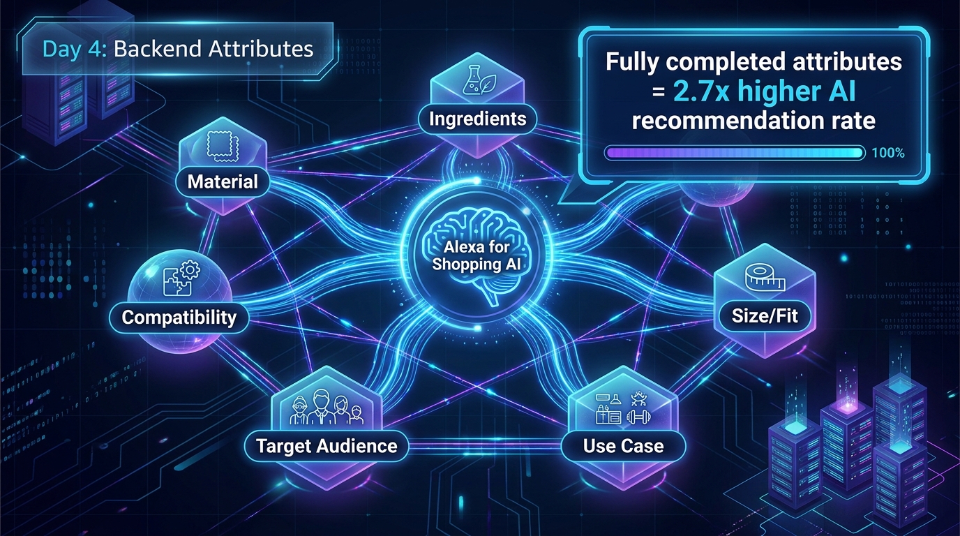Knowledge graph diagram showing Amazon backend attributes as interconnected nodes feeding into the Alexa for Shopping AI brain with 2.7x recommendation rate callout