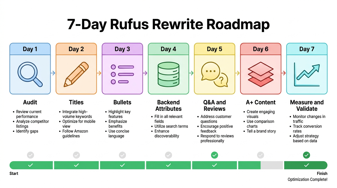 7-Day Rufus Rewrite Roadmap calendar showing each day's optimization task from audit to measurement