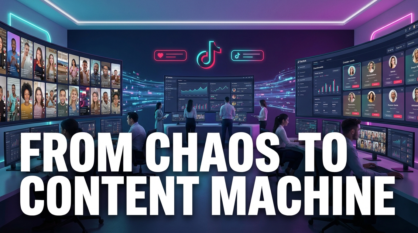TikTok Shop UGC operations center with creator dashboards and video feeds — From Chaos to Content Machine