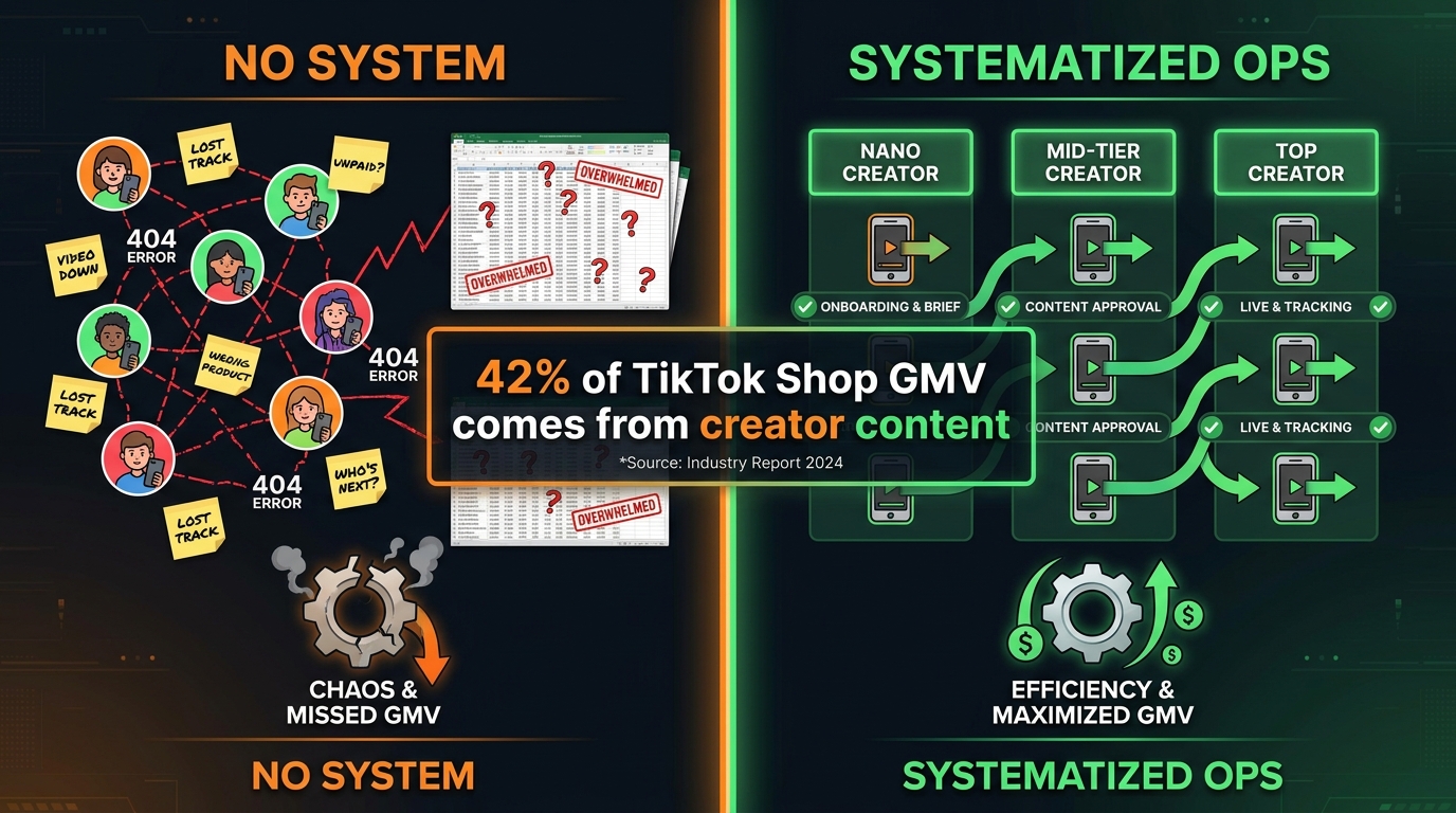 Split infographic comparing chaotic TikTok Shop UGC with no system versus organized systematized ops pipeline