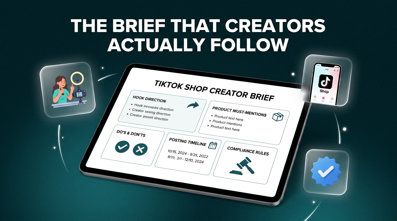 TikTok Shop creator brief template on tablet showing Hook Direction, Product Must-Mentions, Do's and Don'ts sections