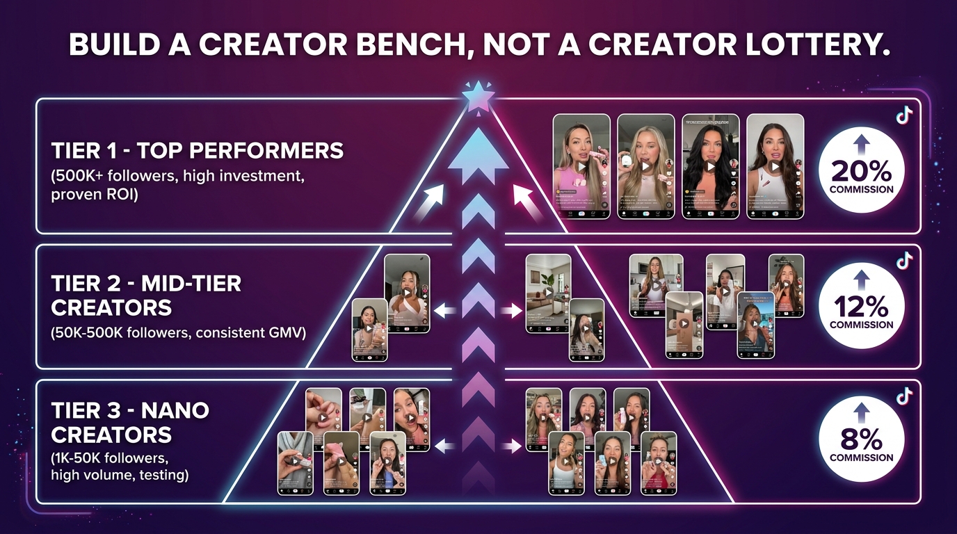 Three-tier creator pyramid for TikTok Shop affiliate management with Nano, Mid-Tier, and Top Performer tiers