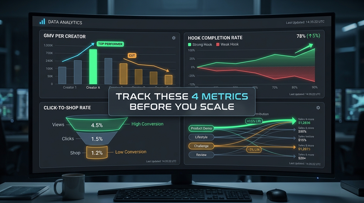 TikTok Shop UGC analytics dashboard showing GMV per creator, hook completion rate, click-to-shop rate metrics