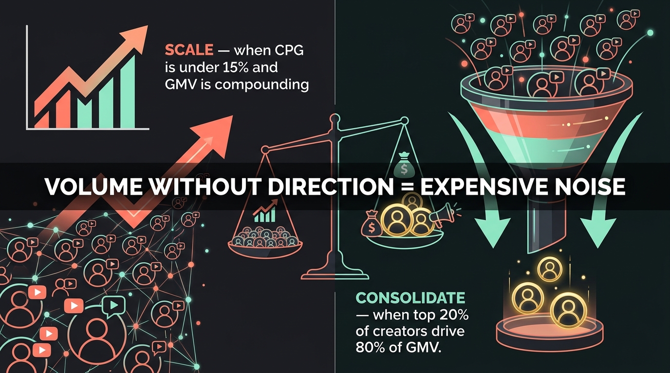 Split illustration comparing TikTok Shop UGC scale vs consolidate decision framework with growth chart and funnel pruning
