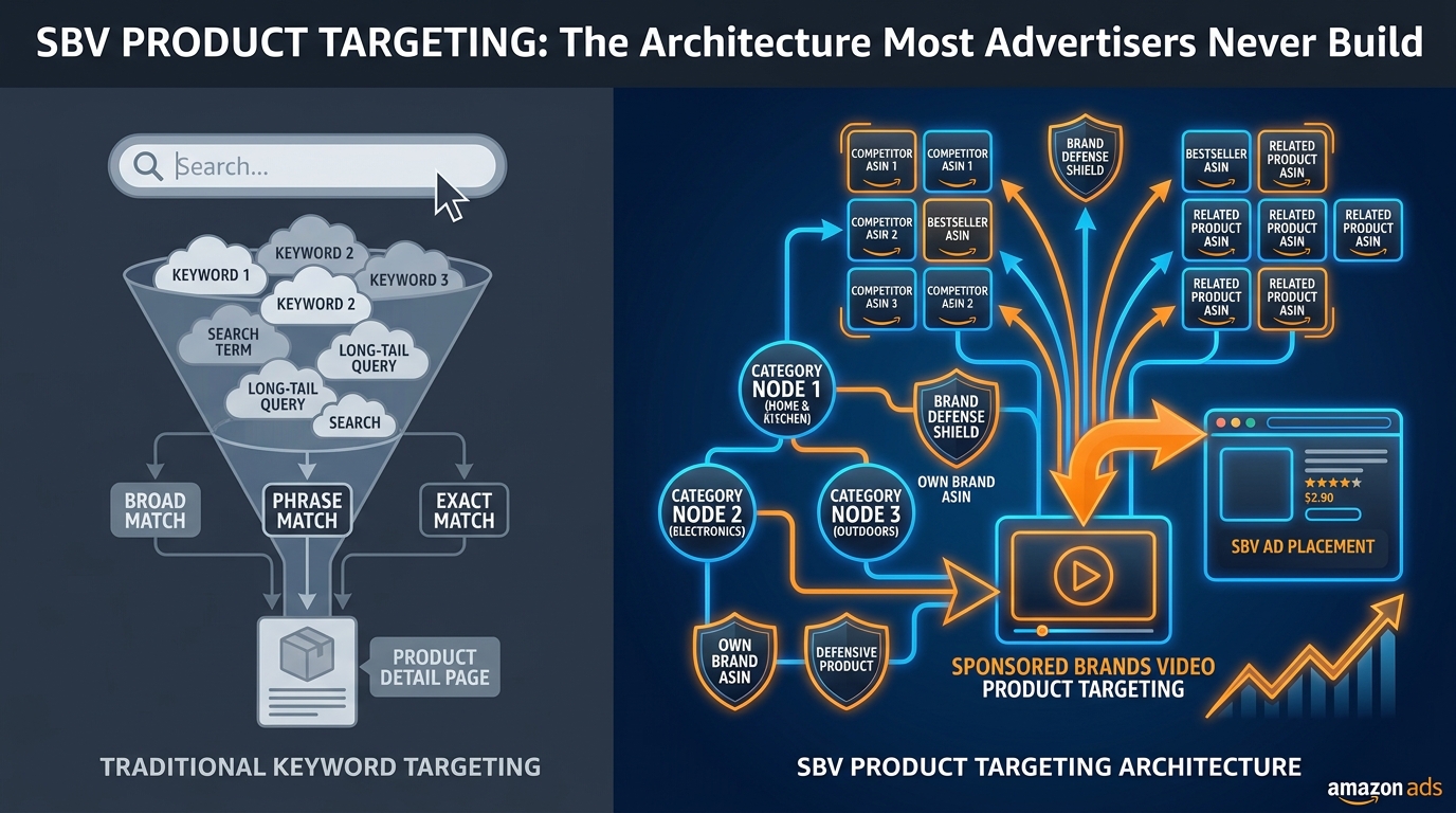 SBV Product Targeting Architecture vs Keyword Targeting — split infographic showing the two approaches side by side