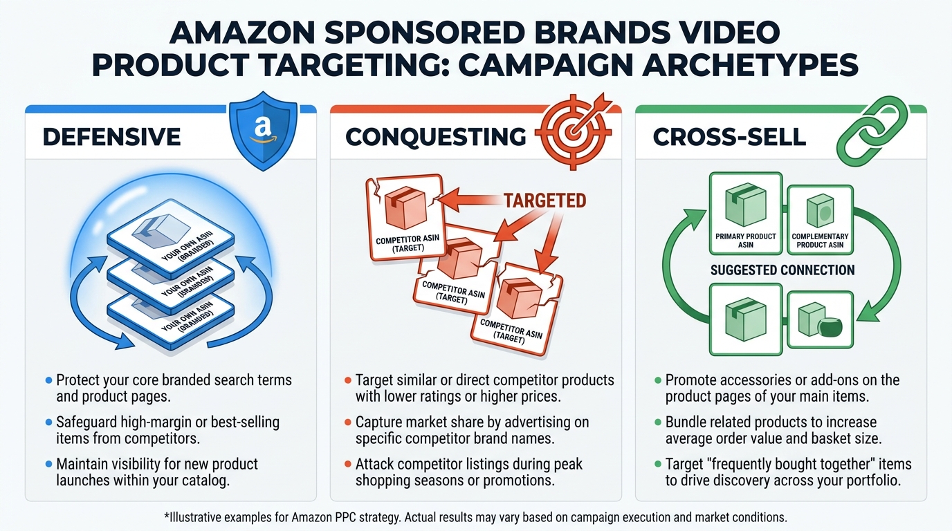 Three campaign archetypes for SBV product targeting — Defensive, Conquesting, and Cross-Sell infographic