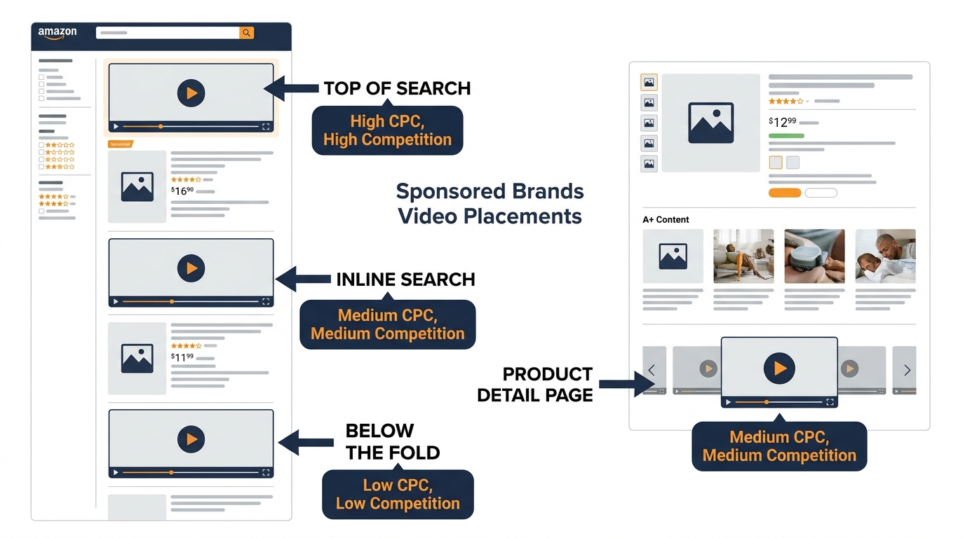 Diagram showing where Amazon SBV ads appear across placements — top of search, inline, below fold, and product detail page