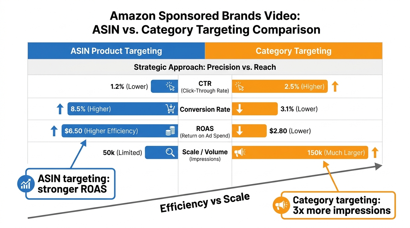 ASIN targeting vs category targeting comparison chart showing efficiency vs scale tradeoff in SBV campaigns