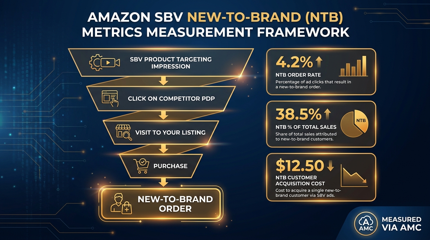 New-to-Brand NTB measurement framework for Amazon SBV — funnel diagram showing NTB order rate, NTB percentage of sales, and AMC measurement