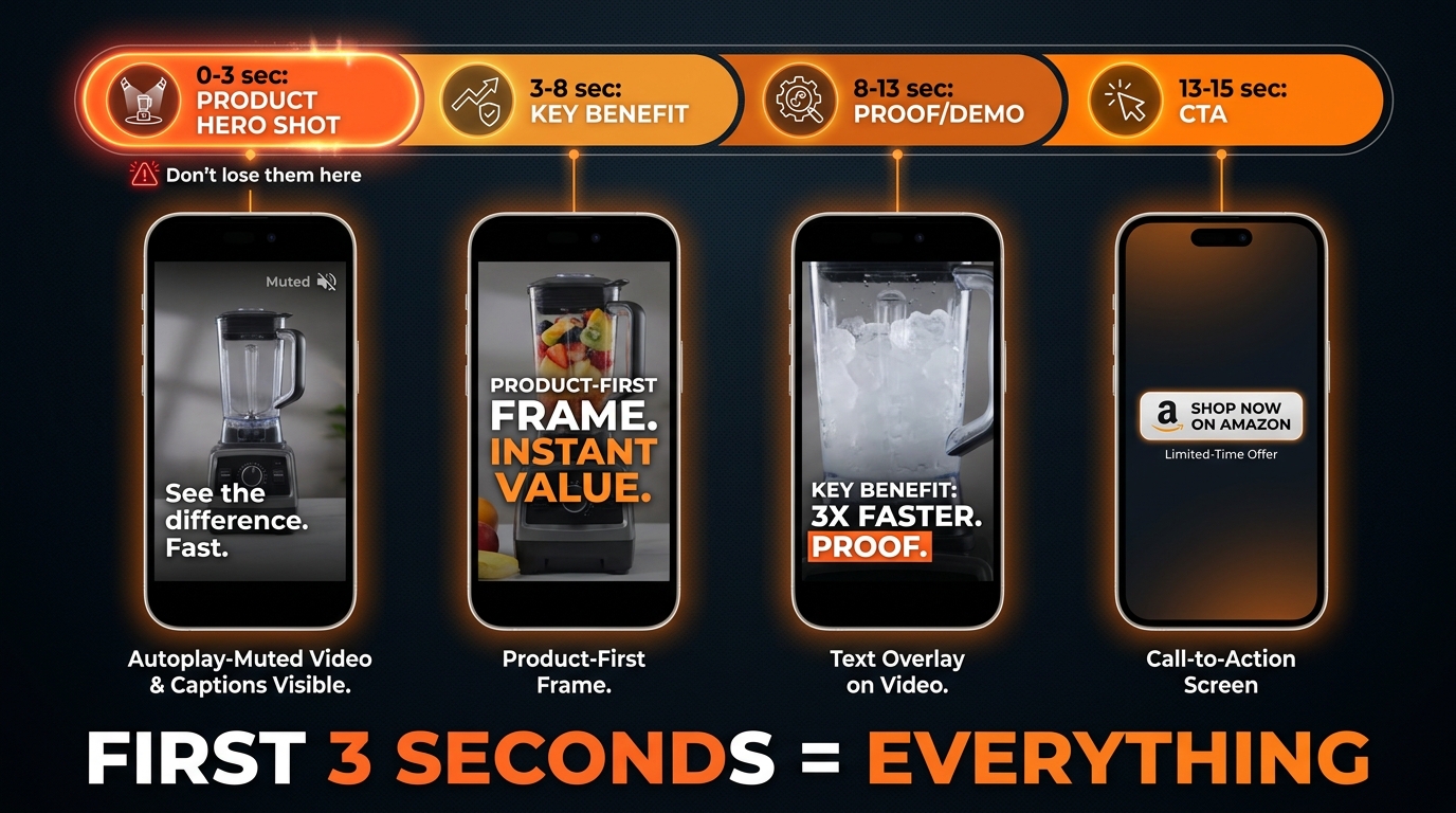 SBV creative best practices — video timeline breakdown showing the first-3-seconds rule and key production requirements