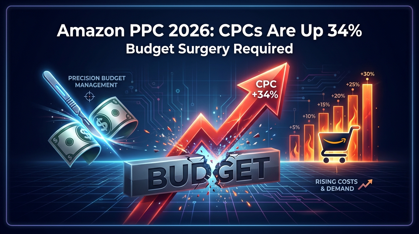 Amazon PPC 2026 hero image showing rising CPC costs and budget surgery concept
