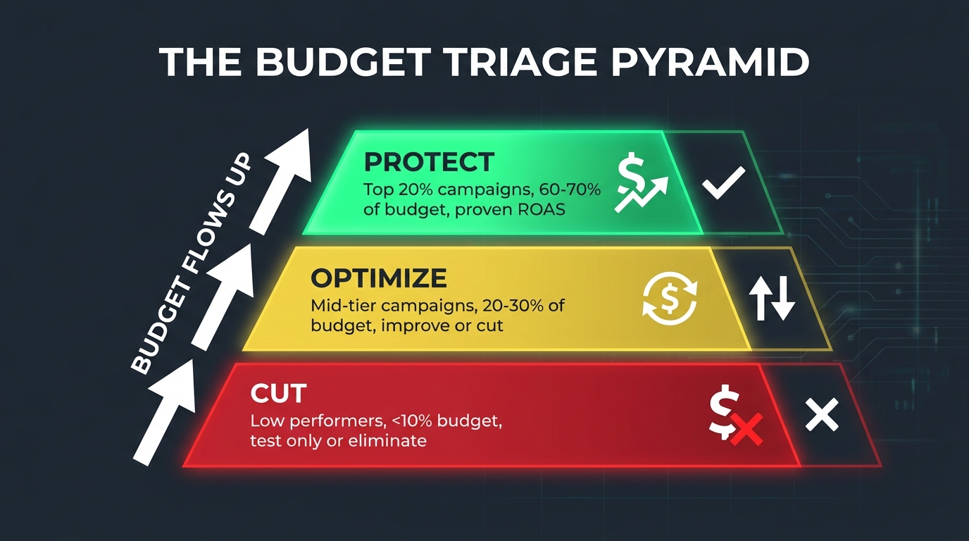 Budget Triage Pyramid infographic showing three tiers: top performers to protect, mid-tier to optimize, and low performers to cut