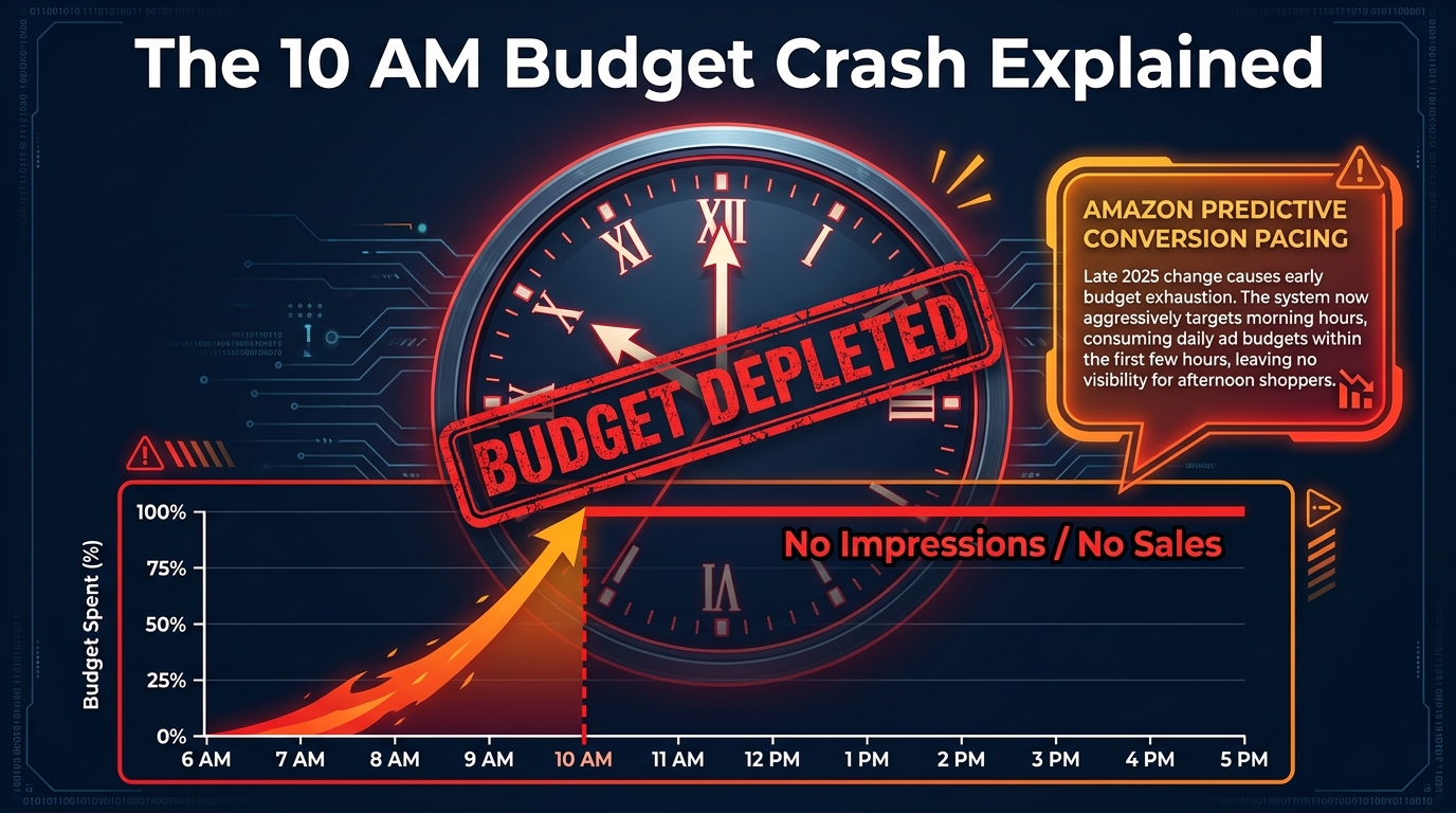 Clock-based infographic showing the 10 AM budget crash caused by Amazon's Predictive Conversion Pacing algorithm change in late 2025