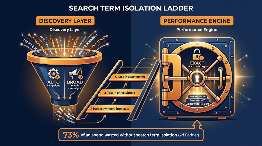 Search Term Isolation Ladder infographic showing three stages from auto discovery campaigns to exact match performance engine campaigns