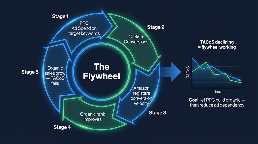 Amazon PPC organic flywheel diagram showing how PPC spend drives conversion velocity which builds organic rank and reduces TACoS over time